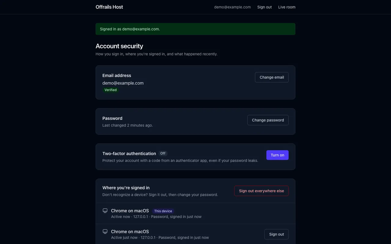 The account security page: the email address demo@example.com marked Verified, the password last changed 2 minutes ago, two-factor authentication off with a Turn on button, and where you're signed in, with this device and another browser you can sign out.