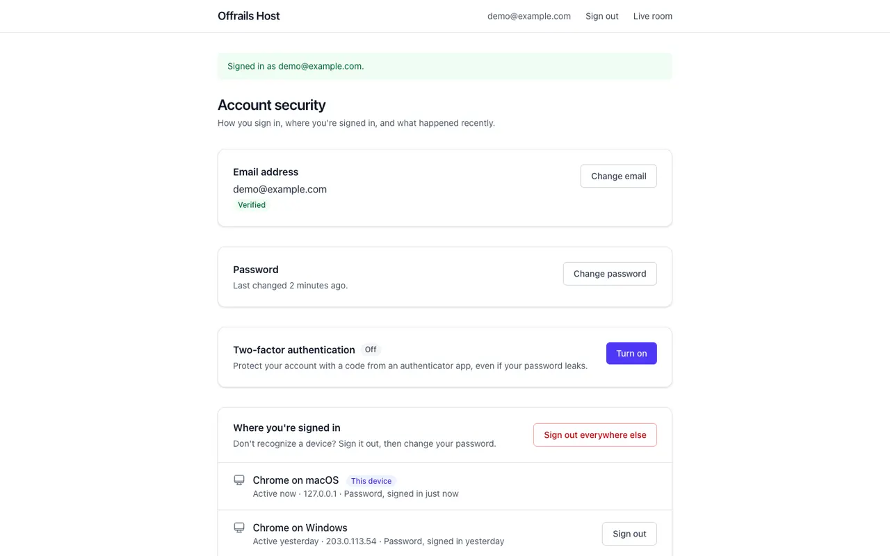 The account security page: the email address demo@example.com marked Verified, the password last changed 2 minutes ago, two-factor authentication off with a Turn on button, and where you're signed in, with this device and another browser you can sign out.