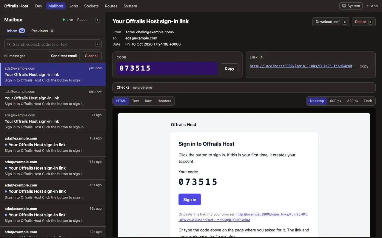 A sign-in email in the dev mailbox: the 6-digit code pulled out beside a Copy button, the sign-in link, a Checks bar with no problems, and the email with its code and a Sign in button.