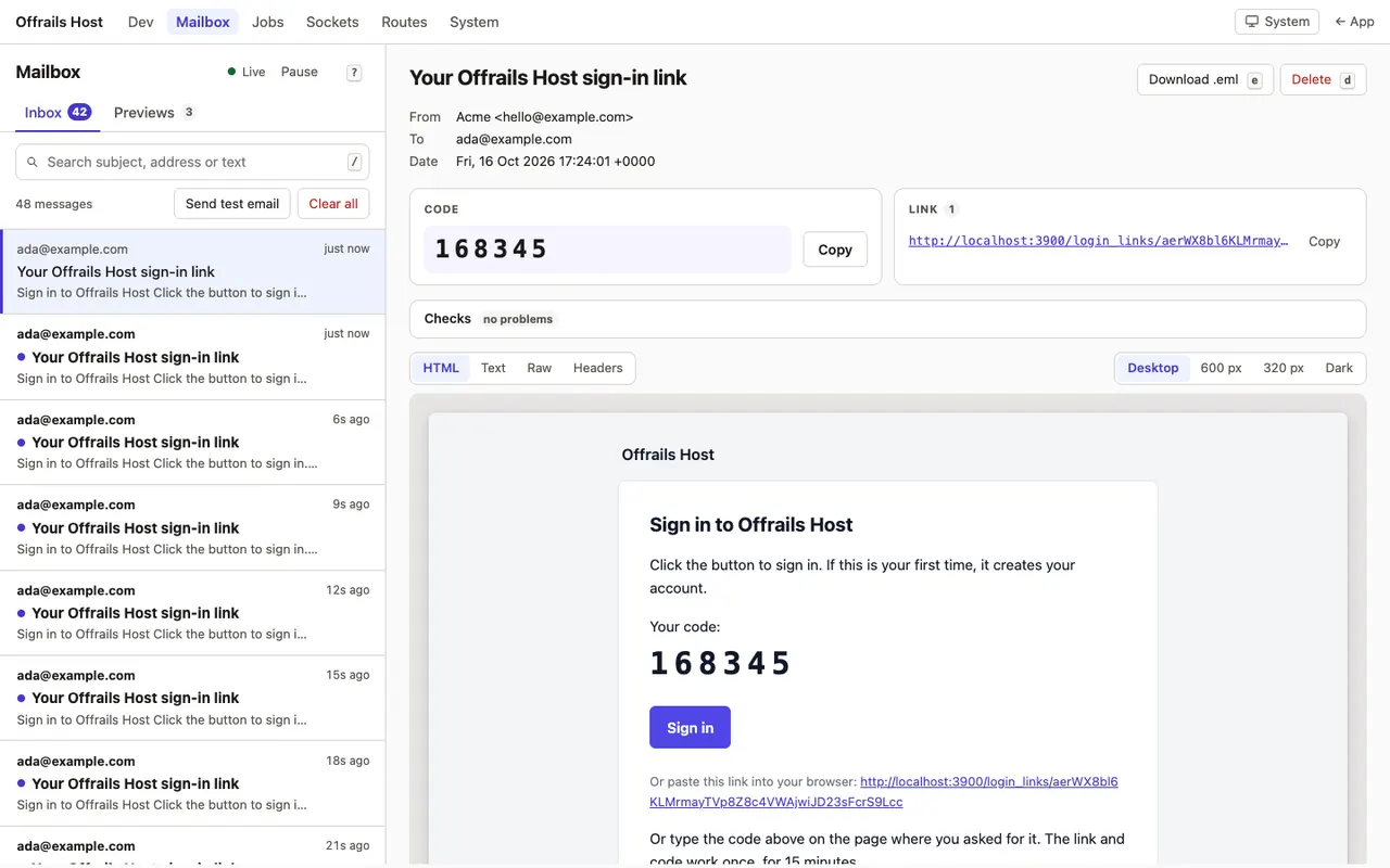A sign-in email in the dev mailbox: the 6-digit code pulled out beside a Copy button, the sign-in link, a Checks bar with no problems, and the email with its code and a Sign in button.