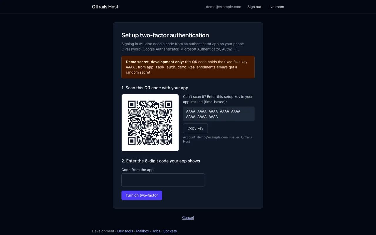 Setting up two-factor authentication: a QR code, the setup key in groups of four with a Copy key button, and a field for the 6-digit code from the authenticator app.