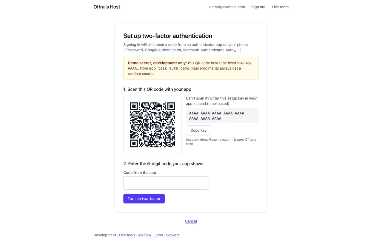 Setting up two-factor authentication: a QR code, the setup key in groups of four with a Copy key button, and a field for the 6-digit code from the authenticator app.