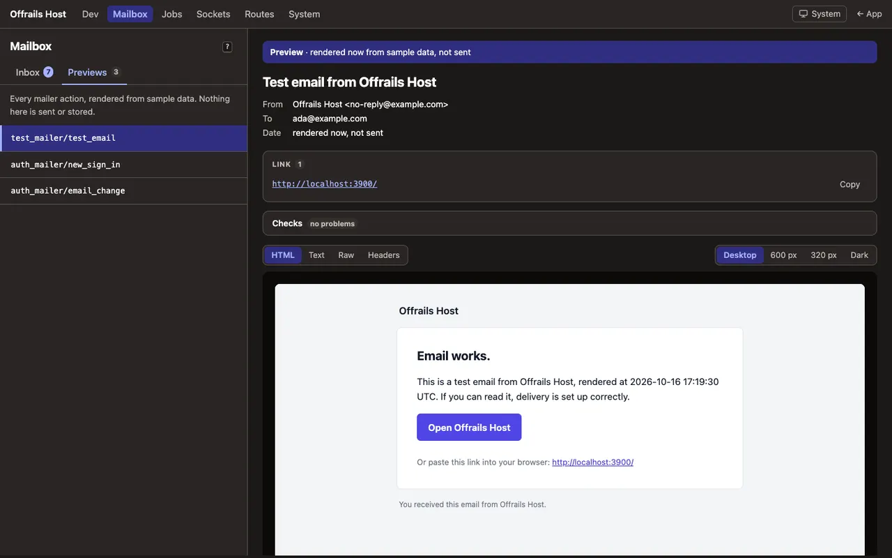 The test email in the dev mailbox's previews, rendered from sample data and not sent: its link, a Checks bar with no problems, and the email reading Email works with an Open button.