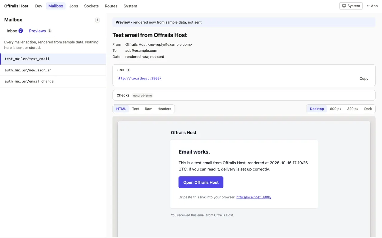 The test email in the dev mailbox's previews, rendered from sample data and not sent: its link, a Checks bar with no problems, and the email reading Email works with an Open button.