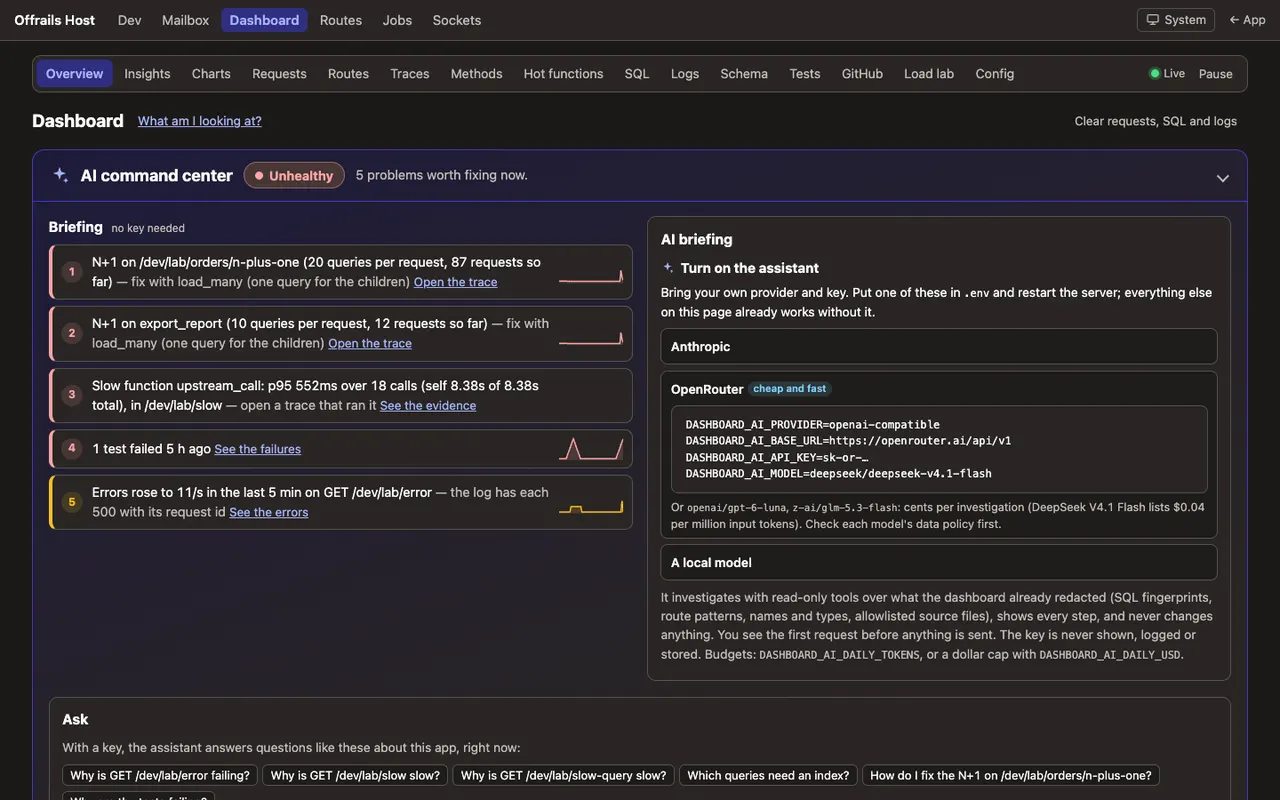 The dev dashboard's overview: a command center with an Unhealthy verdict and five ranked problems, such as an N+1 query with 20 queries per request, a slow function and a failing test, each with a link to its evidence.