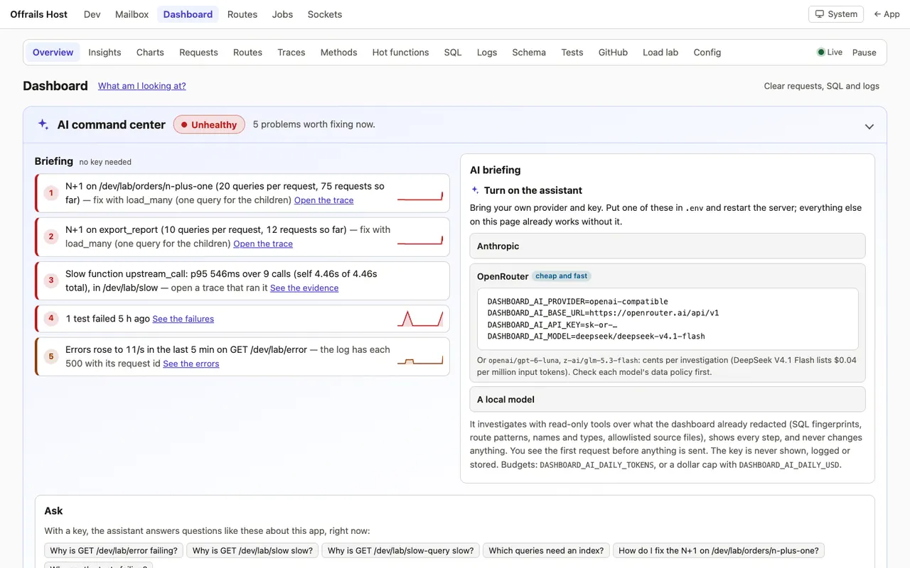The dev dashboard's overview: a command center with an Unhealthy verdict and five ranked problems, such as an N+1 query with 20 queries per request, a slow function and a failing test, each with a link to its evidence.