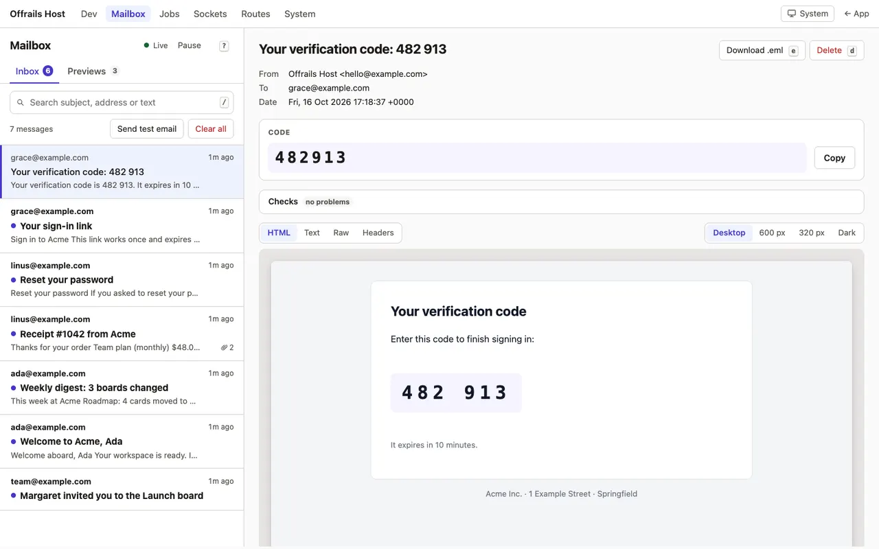 The dev mailbox: an inbox of sample emails on the left; on the right a verification code email with the code pulled out beside a Copy button, a Checks bar with no problems, and HTML, Text, Raw and Headers tabs with Desktop, 600 px, 320 px and Dark previews.